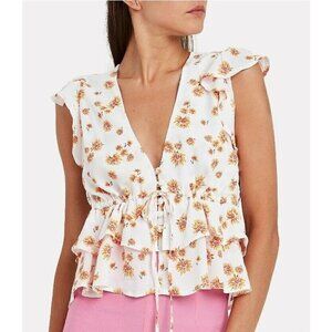 New Flynn Skye Cecilia Blouse Womens M White Yellow Daisy Print Short Sleeve Top